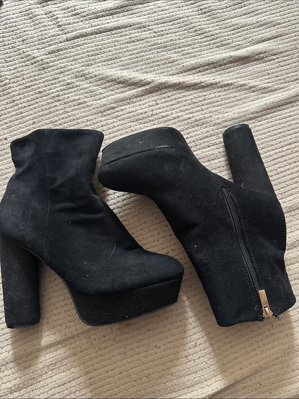 Black Suede Platform Ankle Booties with Block Heel